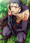  1boy 2f_sq arm_tattoo blue_hair chest_tattoo cu_chulainn_(fate)_(all) cu_chulainn_alter_(fate/grand_order) earrings elbow_gloves facial_mark fate/grand_order fate_(series) from_above gloves grass hair_over_shoulder hair_strand jewelry long_hair looking_at_viewer male_focus monster_boy open_mouth purple_gloves red_eyes solo spiked_tail spikes squatting tail tattoo tree 