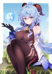  1girl absurdres ahoge bare_shoulders bell black_legwear blue_hair blush breasts cowbell dark_fuu detached_sleeves ganyu_(genshin_impact) genshin_impact gloves goat_horns grass half-closed_eyes highres horns looking_at_viewer medium_breasts pantyhose sitting smile solo violet_eyes 