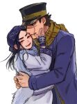  1boy 1girl ainu ainu_clothes asirpa bandana black_hair black_headwear blue_bandana blue_coat blush brown_eyes brown_hair buttons cape closed_eyes coat commentary_request couple ear_piercing earrings fur_cape golden_kamuy hand_on_another&#039;s_cheek hand_on_another&#039;s_face hat hetero hoop_earrings hug imperial_japanese_army jewelry kepi long_hair long_sleeves looking_at_another military military_hat military_uniform open_mouth piercing scar scar_on_cheek scar_on_face scar_on_mouth scar_on_nose scarf short_hair simple_background smile spiky_hair standing star_(symbol) sugimoto_saichi takeshi_kai thick_eyebrows two-tone_headwear uniform upper_body white_background white_cape yellow_headwear yellow_scarf 