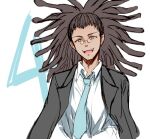  1boy :d bangs black_jacket collared_shirt commentary_request dangan_ronpa_(series) dangan_ronpa_3_(anime) formal glasses hagakure_yasuhiro hair_up hairlocs jacket jacket_on_shoulders long_hair long_sleeves lowres male_focus meipoi necktie official_alternate_costume open_clothes open_jacket open_mouth round_eyewear shirt smile solo upper_body upper_teeth white_background white_shirt 