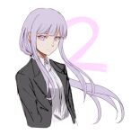  1girl bangs black_jacket closed_mouth collared_shirt commentary_request cropped_torso dangan_ronpa_(series) dangan_ronpa_3_(anime) floating_hair formal jacket kirigiri_kyouko long_hair long_sleeves looking_at_viewer meipoi number open_clothes ponytail purple_hair shirt smile solo upper_body violet_eyes white_background white_shirt 