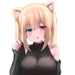  1girl animal_ear_fluff animal_ears bangs bare_shoulders black_shirt blonde_hair blue_eyes blush breasts commentary_request covered_collarbone eyebrows_visible_through_hair hair_between_eyes hand_up heterochromia long_hair long_sleeves looking_at_viewer medium_breasts original parted_lips red_eyes shibakame shirt sidelocks simple_background sleeveless sleeveless_shirt sleeves_past_wrists solo twintails upper_body white_background 
