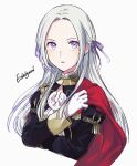  1girl blush cape character_name edelgard_von_hresvelg fire_emblem fire_emblem:_three_houses forehead fringe_trim fuji_fujino gloves hair_ribbon highres long_hair long_sleeves looking_at_viewer parted_lips purple_ribbon red_cape ribbon sidelocks silver_hair simple_background solo violet_eyes white_background white_gloves 