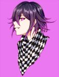  1boy bangs checkered checkered_background checkered_neckwear checkered_scarf commentary_request dangan_ronpa_(series) dangan_ronpa_v3:_killing_harmony face from_side grin hair_between_eyes long_sleeves looking_at_viewer male_focus meipoi ouma_kokichi pink_background pink_eyes profile purple_hair scarf shiny shiny_hair short_hair simple_background smile solo violet_eyes 