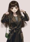  1girl absurdres arms_up bag blush brown_eyes brown_hair clenched_hands earrings grey_background handbag highres jacket jewelry long_sleeves looking_at_viewer open_mouth original sayosny2 simple_background solo tagme 