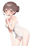  1girl absurdres bare_shoulders blush breasts brown_hair cowboy_shot grey_eyes hair_bun highres leaning_forward looking_at_viewer medium_breasts naked_towel original rubyaano_(ducl323) short_hair simple_background smile solo standing towel white_background white_towel 