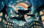  blue_eyes building clouds commentary_request darkrai flying from_below gen_4_pokemon glowing glowing_eyes looking_at_viewer looking_back mofge moon mythical_pokemon night no_humans outdoors pokemon pokemon_(creature) sky solo star_(sky) window 