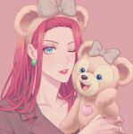  1girl absurdres blue_eyes bow collarbone earrings eyelashes gi_xxy grey_bow highres holding huge_filesize jessie_(pokemon) jewelry lipstick long_hair makeup one_eye_closed parted_lips pokemon pokemon_(anime) ring solo stuffed_animal stuffed_toy symbol_commentary teddy_bear 