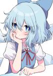  1girl absurdres blue_bow blue_eyes blue_hair blush bow cirno commentary_request eyebrows_visible_through_hair eyes_visible_through_hair hair_between_eyes hair_bow highres ice ice_wings looking_at_viewer puffy_short_sleeves puffy_sleeves red_neckwear red_ribbon ribbon short_hair short_sleeves simple_background solo touhou tsukimirin upper_body white_background wings 