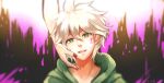  1boy 1girl bangs blood blood_on_face blurry commentary_request dangan_ronpa:_trigger_happy_havoc dangan_ronpa_(series) dangan_ronpa_2:_goodbye_despair dated depth_of_field enoshima_junko face green_eyes green_jacket grey_hair hand_on_another&#039;s_cheek hand_on_another&#039;s_face hood hooded_jacket jacket komaeda_nagito meipoi pink_blood portrait red_nails short_hair smile solo_focus upper_teeth 