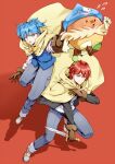  2boys akabane_karma ansatsu_kyoushitsu bangs blue_eyes blue_hair blue_headwear blue_vest boots brown_gloves commentary_request denim fighting_stance flying_sweatdrops gloves hat jeans knee_up koro-sensei_quest looking_at_viewer male_focus meipoi multiple_boys official_alternate_costume open_mouth pants red_background redhead scarf shiota_nagisa shoes short_hair simple_background smile sword vest weapon 