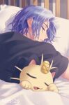  1boy absurdres blue_hair closed_eyes commentary english_commentary gen_1_pokemon gi_xxy highres james_(pokemon) lying male_focus meowth morning on_stomach parted_lips pillow pokemon pokemon_(anime) pokemon_(creature) purple_hair signature sleeping team_rocket under_covers 