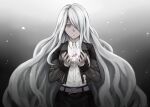  1girl alternate_hair_length alternate_hairstyle bangs belt black_jacket black_skirt breasts candy_wrapper closed_mouth collared_shirt commentary_request dangan_ronpa_(series) dangan_ronpa_3_(anime) dress_shirt gloves gradient gradient_background grey_hair hair_over_one_eye hands_up jacket kimura_seiko long_hair long_sleeves looking_at_viewer meipoi pink_eyes shirt skirt solo tears torn_jacket upper_body very_long_hair violet_eyes 