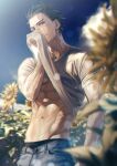  1boy abs alternate_costume black_eyes black_hair black_male_underwear blurry_foreground cowboy_shot denim flower golden_kamuy highres jeans lifted_by_self looking_at_viewer male_focus navel pants pectorals scar scar_on_cheek scar_on_face scar_on_nose shirt_lift short_hair short_sleeves simple_background smile solo spiky_hair sugimoto_saichi sunflower sweat toned toned_male w55674570w 