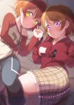  2girls bangs breasts brown_hair collarbone commentary_request earrings hair_between_eyes hair_ornament hairclip hoshizora_rin jewelry kitahara_tomoe_(kitahara_koubou) koizumi_hanayo lace-trimmed_skirt lace_trim large_breasts long_sleeves looking_at_viewer love_live! love_live!_school_idol_project lying multiple_girls necklace off-shoulder_shirt off_shoulder on_side orange_hair parted_lips plaid plaid_skirt raglan_sleeves red_shirt shirt short_hair skirt suspenders twitter_username violet_eyes yellow_eyes 