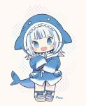  1girl animal_costume animal_hood ayu_(mog) bangs blue_eyes blue_hair blue_hoodie blunt_bangs chibi fish_tail gawr_gura hololive hololive_english hood hoodie looking_at_viewer medium_hair multicolored_hair open_mouth shark_costume shark_girl shark_hood shark_tail sharp_teeth shoes silver_hair sleeves_past_wrists sneakers solo streaked_hair tail teeth virtual_youtuber white_footwear wide_sleeves 