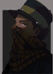  1boy black_eyes black_hair black_headwear blue_coat coat commentary_request framed from_side golden_kamuy grey_background hat imperial_japanese_army kepi looking_at_viewer male_focus military military_hat military_uniform scar scar_on_cheek scar_on_face scarf scarf_over_mouth short_hair simple_background solo spiky_hair star_(symbol) sugimoto_saichi tonta_(tonta1231) two-tone_headwear uniform upper_body yellow_headwear yellow_scarf 