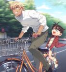  2boys amuro_tooru bangs bicycle bicycle_basket black-framed_eyewear black_footwear blonde_hair blue_eyes blue_shorts blurry blurry_background brown_hair child clouds collared_shirt commentary_request day edogawa_conan glasses grey_pants grin ground_vehicle hair_between_eyes k_(gear_labo) long_sleeves looking_to_the_side male_focus meitantei_conan multiple_boys multiple_riders open_clothes open_mouth open_shirt outdoors pants red_shirt riding road shirt shoes short_hair short_sleeves shorts sky smile sneakers socks street striped striped_shirt sweatdrop white_legwear white_shirt 