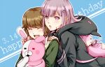  1girl :d :o animal_ears backpack bag blue_background blush brown_hair cat_bag closed_eyes commentary_request dangan_ronpa:_trigger_happy_havoc dangan_ronpa_(series) dangan_ronpa_2:_goodbye_despair doll_hug fake_animal_ears fujisaki_chihiro hair_ornament hairclip happy happy_birthday hood hood_down hooded_jacket hoodie hug jacket looking_at_viewer medium_hair meipoi monomi_(dangan_ronpa) nanami_chiaki open_mouth pink_bag pink_eyes pink_hair shirt short_hair smile stuffed_animal stuffed_bunny stuffed_toy upper_teeth 