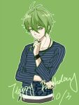  1boy amami_rantarou antenna_hair bangs closed_mouth collarbone commentary_request cropped_torso dangan_ronpa_(series) dangan_ronpa_v3:_killing_harmony dated ear_piercing green_background green_eyes green_hair hair_between_eyes hand_on_own_chin happy_birthday jewelry long_sleeves looking_at_viewer male_focus meipoi messy_hair necklace piercing ring shiny shiny_hair shirt short_hair simple_background smile solo striped striped_shirt thinking thumb_ring upper_body 