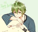  1boy :t ahoge amami_rantarou antenna_hair bangs blush bracelet closed_mouth dangan_ronpa_(series) dangan_ronpa_v3:_killing_harmony dated green_background green_eyes green_hair hair_between_eyes hands_up happy_birthday jewelry leaning long_sleeves looking_at_viewer male_focus meipoi necklace ring shirt short_hair simple_background smile solo star_(symbol) striped striped_shirt upper_body wristband 
