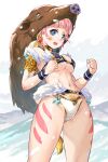  1girl :d armlet bandaid bandaid_on_arm bandaid_on_cheek bikini bikini_bottom bikini_top black_bikini blue_eyes boar_mask body_markings chinese_zodiac clenched_hands earrings fur_trim gem highres jewelry magatama magatama_earrings navel new_year open_mouth original pink_hair smile solo swimsuit uchiu_kazuma white_bikini wristband year_of_the_pig 