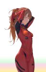  1girl absurdres arms_behind_head breasts bwh closed_eyes closed_mouth hands_up highres long_hair medium_breasts multicolored multicolored_background neon_genesis_evangelion orange_hair plugsuit solo souryuu_asuka_langley standing white_background 