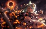  1girl absurdres amakawa_hano aqua_hair axe belt bettle_(b_s_a_n) blonde_hair blue_eyes blurry_foreground cape clenched_teeth eclipse fighting_stance flat_chest grey_shorts grey_sky hair_ornament hairclip highres holding holding_axe long_hair midriff multicolored_hair planted_sword planted_weapon re:act shorts solo soot star_(symbol) star_hair_ornament sword teeth thigh_strap two-tone_hair virtual_youtuber weapon wristband 