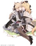  2girls animal_ear_fluff animal_ears arknights armor bandaid bangs black_headwear blemishine_(arknights) blonde_hair blush commentary_request crying embarrassed eyebrows_visible_through_hair hat high_heels highres holding_hand horse_ears horse_girl horse_tail kyou_039 long_hair multiple_girls open_mouth orange_eyes ponytail simple_background tail thigh-highs twitter_username whislash_(arknights) white_background yuri 