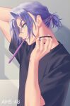  1boy absurdres black_shirt blue_hair gi_xxy green_eyes hand_in_hair highres james_(pokemon) male_focus morning pokemon pokemon_(anime) ponytail shirt solo team_rocket timestamp toothbrush toothbrush_in_mouth twitter_username tying_hair upper_body 