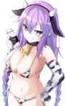  1girl absurdres animal_ears animal_print bell bimmy blue_eyes braid breasts cow_ears cow_girl cow_horns cow_print cowbell elbow_gloves eyebrows_visible_through_hair gloves hair_between_eyes hair_ornament highres holding horns long_hair looking_at_viewer medium_breasts neptune_(series) power_symbol purple_hair purple_heart sidelocks solo symbol-shaped_pupils twin_braids very_long_hair white_background 