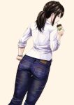  1girl absurdres aniy_ambitious ass brown_eyes brown_hair denim drinking from_behind highres jeans looking_at_viewer original pants ponytail shirt sleeves_rolled_up solo white_shirt 