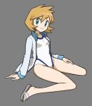  1girl bangs breasts closed_mouth eyelashes flowers-imh full_body green_eyes grey_background grey_footwear grey_jacket gym_leader hand_on_own_thigh highres jacket long_sleeves looking_to_the_side misty_(pokemon) one-piece_swimsuit open_clothes open_jacket orange_hair pokemon pokemon_(game) pokemon_hgss sandals shiny shiny_skin short_hair simple_background sitting smile solo swimsuit toes white_swimsuit 