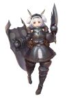  1girl armor armored_skirt axe bangs breastplate faulds full_body greaves hairband highres june_5 last_origin looking_at_viewer medium_hair red_eyes shield shoulder_armor simple_background smile solo spaulders t-13_alvis two_side_up weapon white_background white_hair 