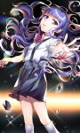  1girl blood blood_stain blue_hair buttons crying crying_with_eyes_open furude_rika hair_spread_out highres higurashi_no_naku_koro_ni kakera long_hair neri_0420 outstretched_arm parted_lips pink_ribbon pleated_skirt ribbon shirt short_sleeves skirt socks solo suspender_skirt suspenders tears visible_ears white_legwear white_shirt 