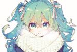  1girl bangs black_jacket blue_eyes blush bow breath commentary_request eyebrows_visible_through_hair green_hair hair_between_eyes hair_bow hatsune_miku highres jacket long_hair looking_at_viewer parted_lips scarf signature simple_background sofra solo striped striped_bow twitter_username two_side_up upper_body vocaloid white_background white_bow white_scarf 