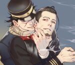  2boys biting black_eyes black_hair blue_jacket buttons collared_jacket ear_biting facial_hair golden_kamuy hair_slicked_back hair_strand hand_on_another&#039;s_face hat imperial_japanese_army jacket kepi male_focus military military_hat military_uniform multiple_boys nibbling ogata_hyakunosuke scar scar_on_cheek scar_on_face scar_on_nose scarf short_hair simple_background smile smoke spiky_hair stubble sugimoto_saichi undercut uniform upper_body w55674570w yellow_scarf 