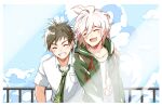 2boys :d ahoge blush border breast_pocket brown_hair closed_eyes clouds cloudy_sky collarbone collared_shirt commentary_request dangan_ronpa_(series) dangan_ronpa_2:_goodbye_despair friends green_jacket green_neckwear grin hair_between_eyes hands_on_another&#039;s_shoulder hinata_hajime hood hood_down hooded_jacket jacket komaeda_nagito male_focus meipoi multiple_boys necktie open_clothes open_jacket open_mouth pocket print_shirt railing shiny shiny_hair shirt sky smile upper_body white_border white_hair white_shirt 