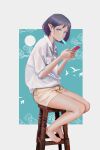 1girl absurdres barefoot blue_eyes blush cellphone collared_shirt feet food full_body highres holding holding_phone looking_at_viewer mole mole_under_eye original phone photoshop_(medium) pointy_ears popsicle purple_hair qizhu revision shirt short_hair short_sleeves shorts sitting smartphone solo stool white_shirt 
