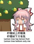 bow chibi chinese_commentary chinese_text closed_eyes collared_shirt commentary_request crying dress_shirt eyebrows_visible_through_hair food fruit fujiwara_no_mokou hair_bow hard_translated jokanhiyou lemon long_hair open_mouth pants partially_translated pink_hair puffy_short_sleeves puffy_sleeves red_pants shiny shiny_hair shirt short_sleeves sidelocks smile suspenders third-party_edit touhou translation_request tree white_bow white_shirt 