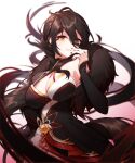  1girl absurdres ara_haan armpit_peek asymmetrical_clothes black_dress black_hair breasts commentary cowboy_shot devi_(elsword) dress earrings elsword eyebrows_visible_through_hair eyes_visible_through_hair feather_boa hand_up highres jewelry long_hair looking_at_viewer meoyo red_nails side_slit smile solo very_long_hair 