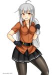  1girl black_gloves black_legwear black_skirt commentary_request gangut_(kantai_collection) gloves grey_hair grin hand_on_hip jacket jacket_removed kantai_collection kudou_(ooabareteng) long_hair orange_eyes pantyhose red_shirt scar scar_on_cheek scar_on_face shirt short_sleeves simple_background skirt smile solo white_background white_jacket 