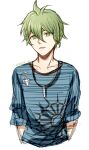  1boy ahoge amami_rantarou antenna_hair bangs collarbone commentary_request cropped_torso dangan_ronpa_(series) dangan_ronpa_v3:_killing_harmony dated green_eyes green_hair hair_between_eyes jewelry looking_at_viewer male_focus meipoi necklace open_mouth shirt short_hair simple_background smile solo striped striped_shirt upper_body 