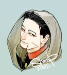  1boy artist_name black_eyes black_hair black_jacket blue_background buttons cape closed_mouth collared_jacket commentary_request facial_hair from_side golden_kamuy grey_cape hair_slicked_back hair_strand hood hood_up hooded_cape imperial_japanese_army jacket looking_at_viewer male_focus military military_uniform ogata_hyakunosuke scar scar_on_cheek scar_on_face shaapu short_hair simple_background smile solo stubble undercut uniform upper_body 