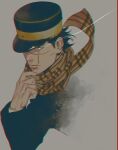  1boy black_hair colored_sclera cropped_torso expressionless from_above glowing glowing_eye golden_kamuy hat highres imperial_japanese_army kepi looking_to_the_side male_focus military_hat muted_color scar scar_on_cheek scar_on_face scar_on_nose short_hair simple_background solo spiky_hair sugimoto_saichi w55674570w yellow_eyes yellow_sclera 