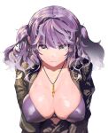  1girl antenna_hair between_breasts bikini breasts bullet_necklace camouflage covered_nipples hair_intakes highres jewelry large_breasts leaning_forward long_hair looking_at_viewer military military_uniform necklace open_clothes original purple_bikini purple_hair shiny shiny_skin solo swimsuit tttatical uniform upper_body v_arms violet_eyes white_background 