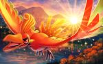  clouds commentary_request flying gen_2_pokemon ho-oh legendary_pokemon mofge mountainous_horizon no_humans open_mouth outdoors pokemon pokemon_(creature) red_eyes sky solo sparkle sun sunrise talons tongue water 