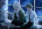  2boys bangs black_pants breast_pocket brown_hair brown_pants collarbone commentary_request crossed_legs dangan_ronpa_(series) dangan_ronpa_2:_goodbye_despair dated flower green_jacket grey_hair hair_between_eyes happy_birthday hinata_hajime holding holding_flower hood hood_down hooded_jacket jacket jewelry komaeda_nagito looking_at_another male_focus meipoi messy_hair multiple_boys necklace necktie night night_sky open_clothes open_jacket open_mouth pants pocket print_shirt shirt short_hair short_sleeves sitting sky smile star_(sky) starry_sky white_hair white_shirt window 