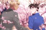  2boys amuro_tooru arm_grab bangs blazer blonde_hair blue_eyes blue_jacket blurry blurry_background brown_hair cherry_blossoms collared_shirt commentary_request eye_contact falling_petals flower formal from_behind grey_jacket grey_suit jacket k_(gear_labo) kudou_shin&#039;ichi long_sleeves looking_at_another male_focus meitantei_conan multiple_boys open_mouth parted_lips petals pink_flower school_uniform shirt short_hair smile spring_(season) suit tears teitan_high_school_uniform tree upper_body white_shirt 