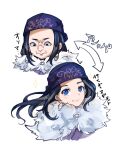  1girl absurdres ainu ainu_clothes arrow_(symbol) asirpa bandana black_hair blue_bandana blue_eyes cape closed_mouth commentary_request ear_piercing earrings fur_cape gikurisurprise golden_kamuy grimace highres hoop_earrings jewelry long_hair looking_at_viewer looking_down piercing sidelocks simple_background smile solo sparkle translated upper_body white_background white_cape 